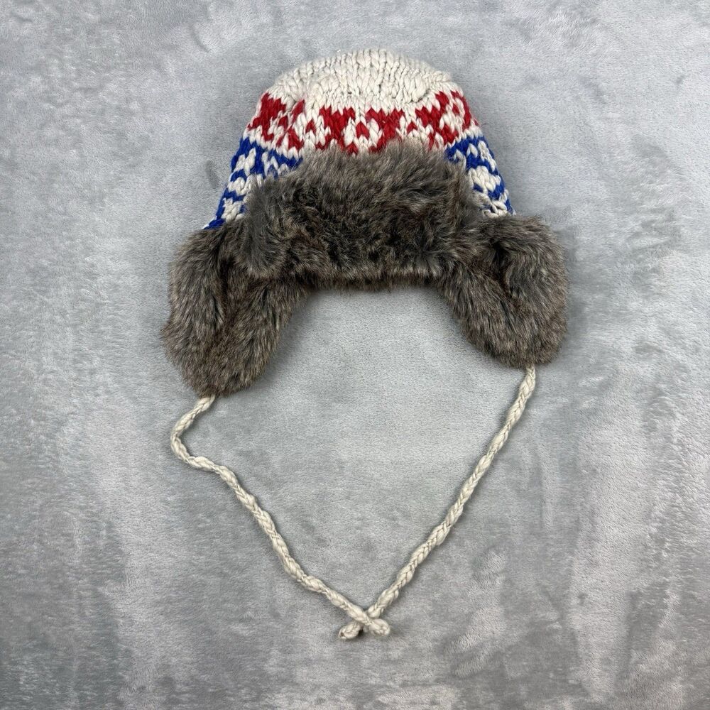 American Eagle Outfitters Knit Trapper Hat Faux Fur Ear Flap Red White Blue
